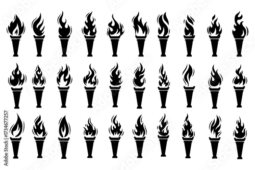 Set of various simple torch with flame illustration
