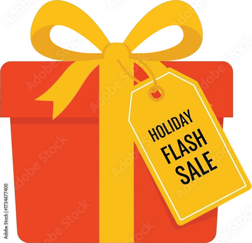 Brightly wrapped gift box with "Holiday Flash Sale" tag, perfect for seasonal promotions and celebrations.