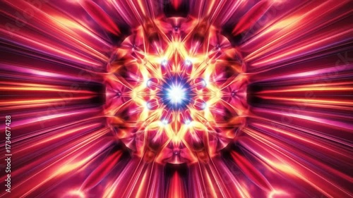 Vibrant, symmetric abstract composition, emanating light from a central nucleus