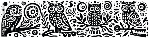 Intricate owl illustration on a branch black and white design.