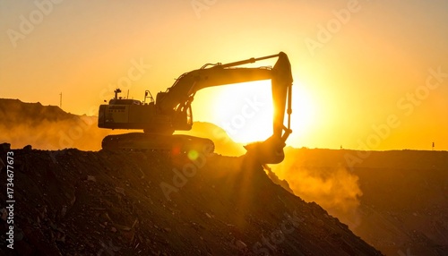 An excavator is silhouetted against a bright, golden sunset. The machine is positioned on a pile of earth, with its bucket extended towards the sun