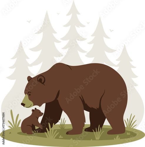 Brown bear mother and cub walking together in a forest with tall pine trees flat design vector illustration white background