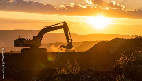 An excavator is silhouetted against a vibrant sunset over a construction site. The warm, golden light creates a dramatic scene