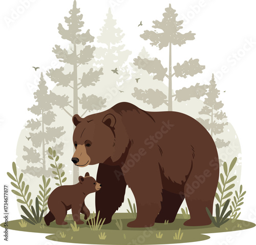 Adorable mother bear and cub in a lush forest scene gentle wildlife art flat design vector illustration white background