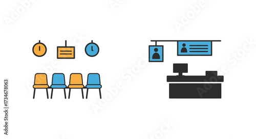 Waiting room scene with reception desk chairs and clock icons shown