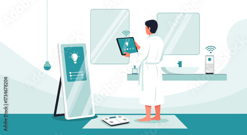 A modern bathroom equipped with smart technology controlled by a man wearing a bathrobe in a