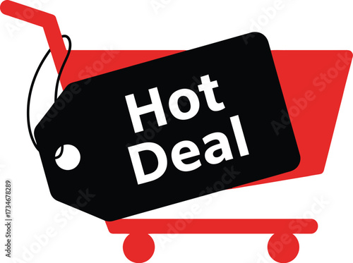 Shopping cart with a bold 'Hot Deal' tag, symbolizing great savings and retail offers.