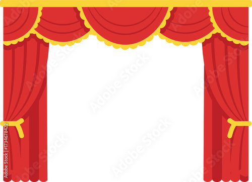 Grand red stage curtains with golden trim and swagged drapery for theater performances flat design vector illustration white background
