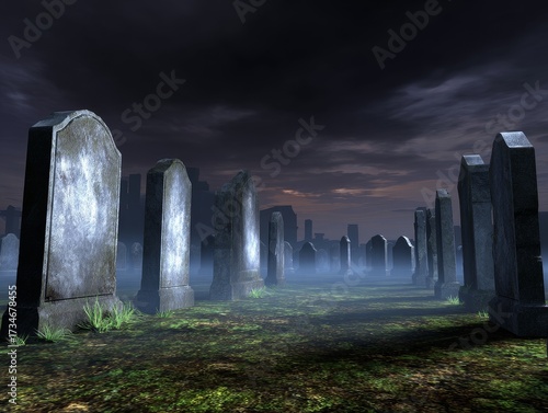 Cemetery full of tombstones under dark spooky sky