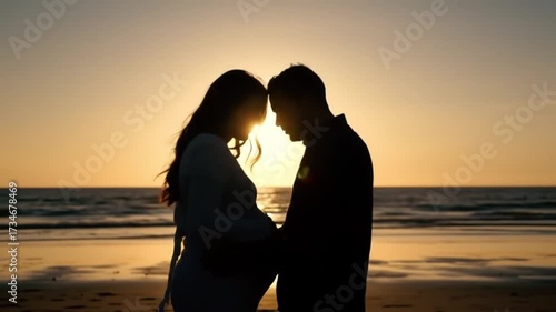 Silhouette of a couple on the beach at sunset, celebrating pregnancy with love and anticipation