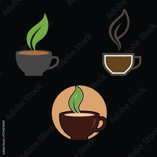Green Cafe Coffee Logo Set with Leaf Steam
