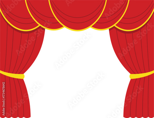 Rich red stage curtains open wide revealing a blank stage ready for performance spotlight flat design vector illustration white background