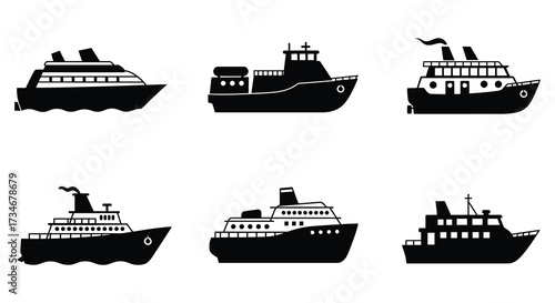 A collection of simple black silhouette icons depicting various seafaring vessels
