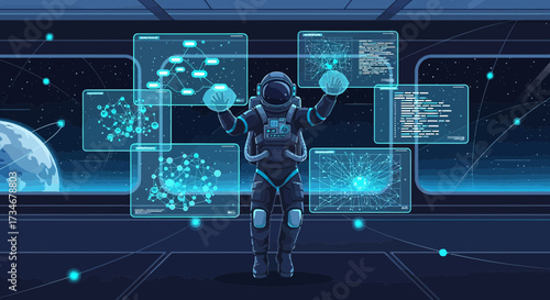 Astronaut interacting with holographic interfaces in a futuristic spacecraft environment analyzing