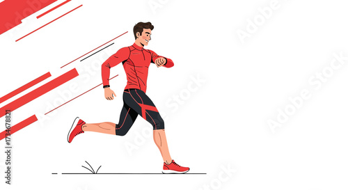 Athletic man running with determined look, showing his smartwatch in dynamic motion