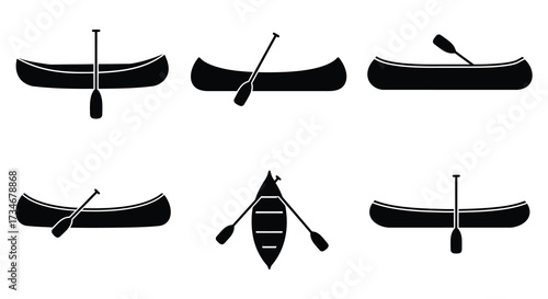 Simple black and white illustration of various canoe and paddle designs