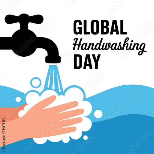 Global Handwashing Day illustration promoting hygiene and health with hands under running water from a tap.