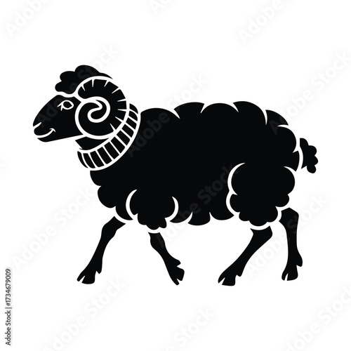 Silhouette of a ram with curly horns and textured fleece standing profile silhouette