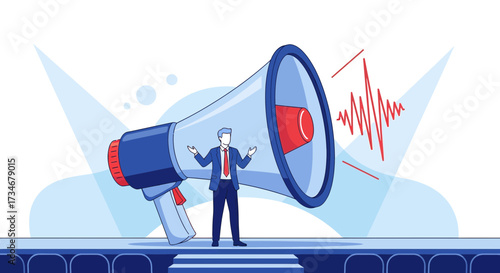 Business communication concept: Man standing on stage with a megaphone illustration