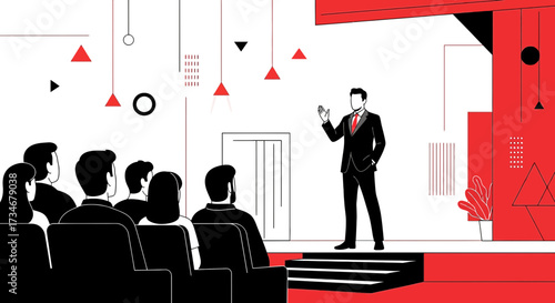 Business conference and presentation with speaker on stage addressing audience  vector illustration