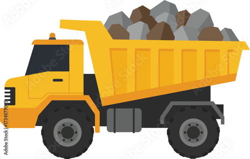 Bright yellow dump truck loaded with rocks and debris for construction and hauling flat design vector illustration white background