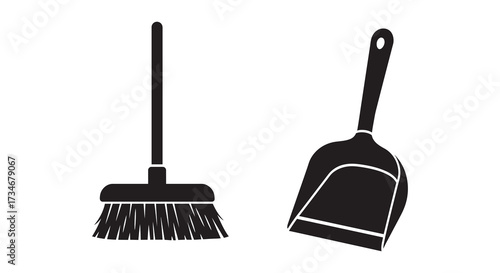 Simple black and white illustration of a broom and a dustpan set