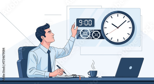 Business illustration depicting a man setting the time to 9:00 with work environment elements for