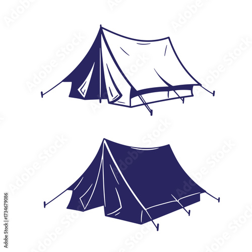Two hand drawn camping tent illustrations in detailed outline for outdoor adventure concepts