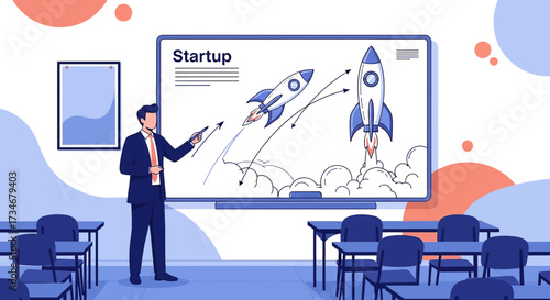 Business Presentation on Startup Launch Strategy in Classroom Setting Illustration