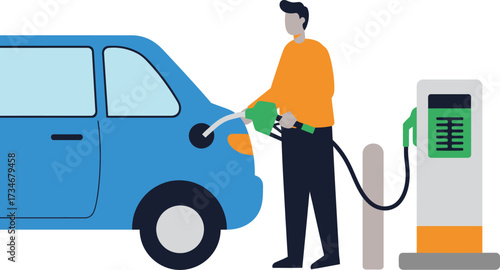 Man refueling blue car at gas station with fuel pump modern transportation energy service flat design vector illustration white background