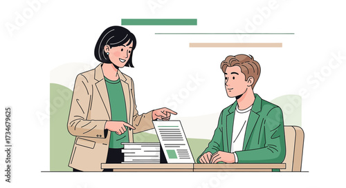 Business review meeting concept illustration vector with colleague discussion at workplace