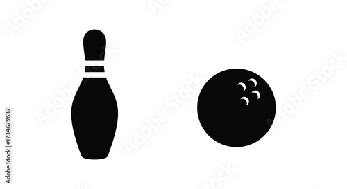 Simple black and white illustration of a bowling pin and bowling ball