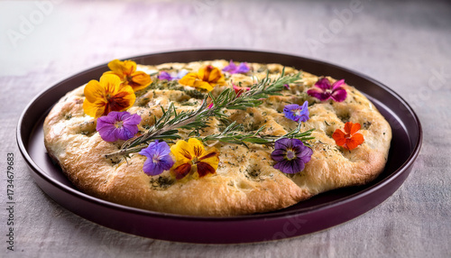Freshly Baked Focaccia With Herbs And Flowers
