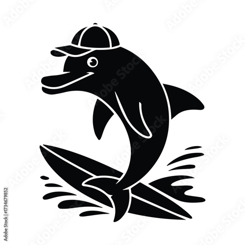Surfing dolphin wearing a baseball cap with water splashes a fun aquatic mammal graphic silhouette