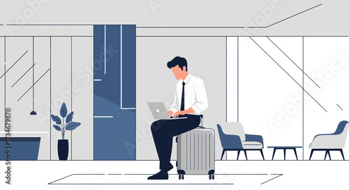 Businessman working on his laptop while waiting in a stylish hotel lobby illustration