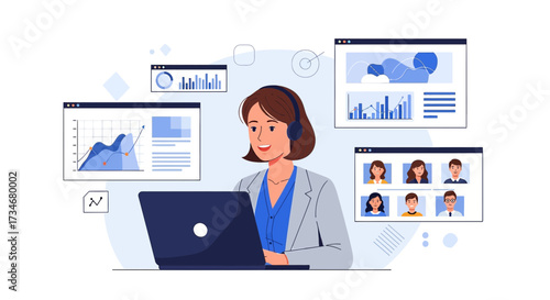 Businesswoman in video conference working with data charts in digital platform