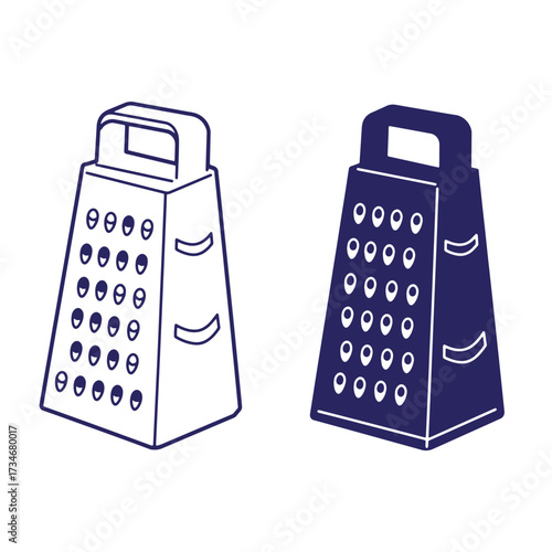 Two minimalist grater illustrations showing contour and filled version on white background