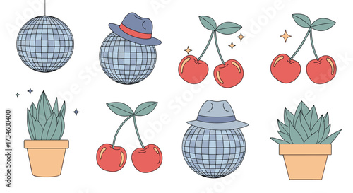 Retro disco balls cherries and potted plants for graphic design.