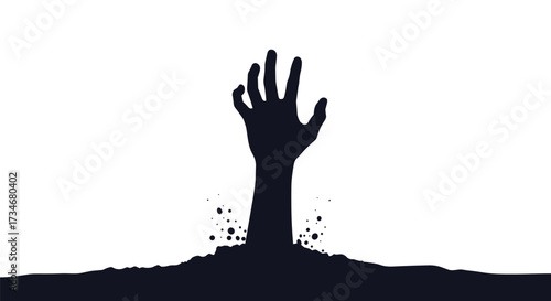 A lone silhouetted hand emerges from a dark mound of dirt reaching upwards for help in a minimalist design.