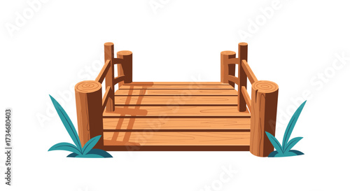 A wooden walkway extending into a tranquil natural setting with lush green plants surrounding the entrance.