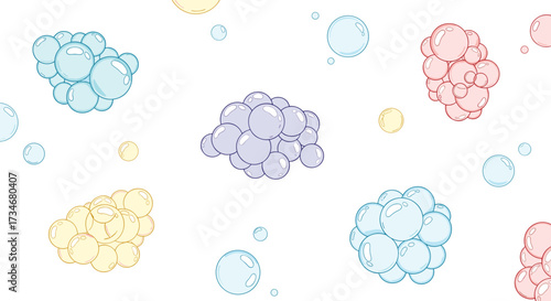 Colorful bubbly clusters floating gently in a white background creating a serene and playful atmosphere.