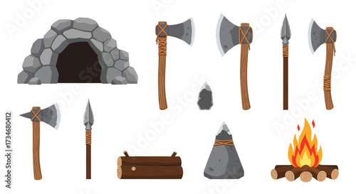 A collection of prehistoric tools and shelter including axes spears fire and a cave.