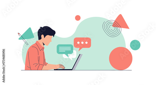Conceptual illustration of a man using a laptop for communication and work purposes depicting