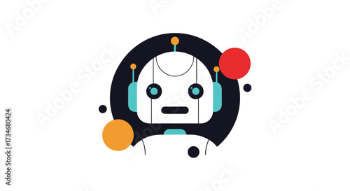 An illustration of a friendly robot head with colorful orbiting spheres representing data and technology.