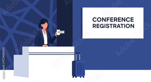 Conference Registration Illustration with Woman, Luggage, and Signage for Events