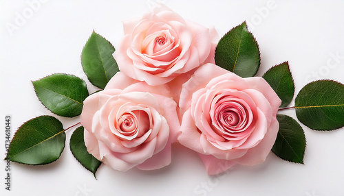 Pink Roses With Green Leaves Isolated On White Background