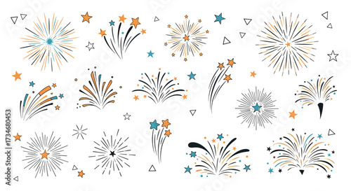 A collection of festive fireworks and sparkling stars illuminating the night sky.