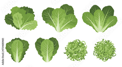 A collection of pixelated green leafy vegetables including whole heads and shredded salads.