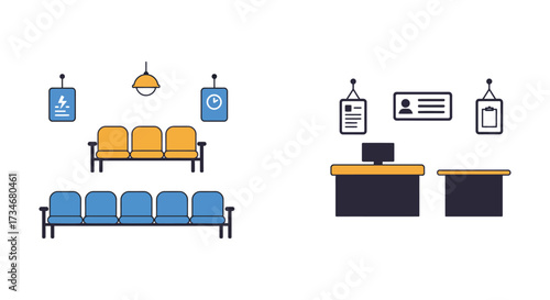Reception area with seating desk and wall mounted icons illustrated in flat style