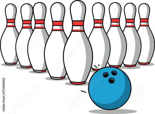 Ten pin bowling pins and blue bowling ball ready for strike and spare flat design vector illustration white background